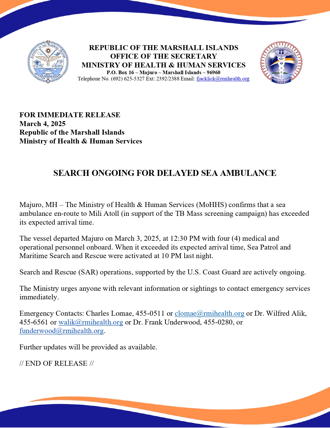 [PRESS RELEASE] Search Ongoing for Delayed Sea Ambulance